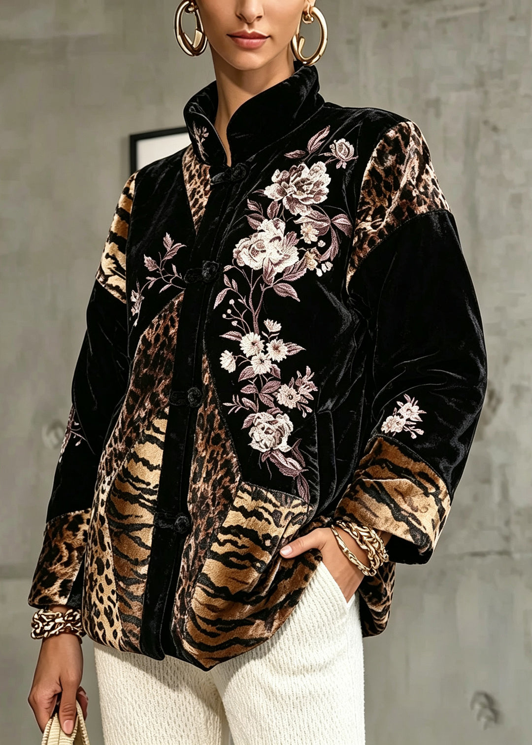 Vintage Black Stand Collar Print Silk Velour Coats Long Sleeve