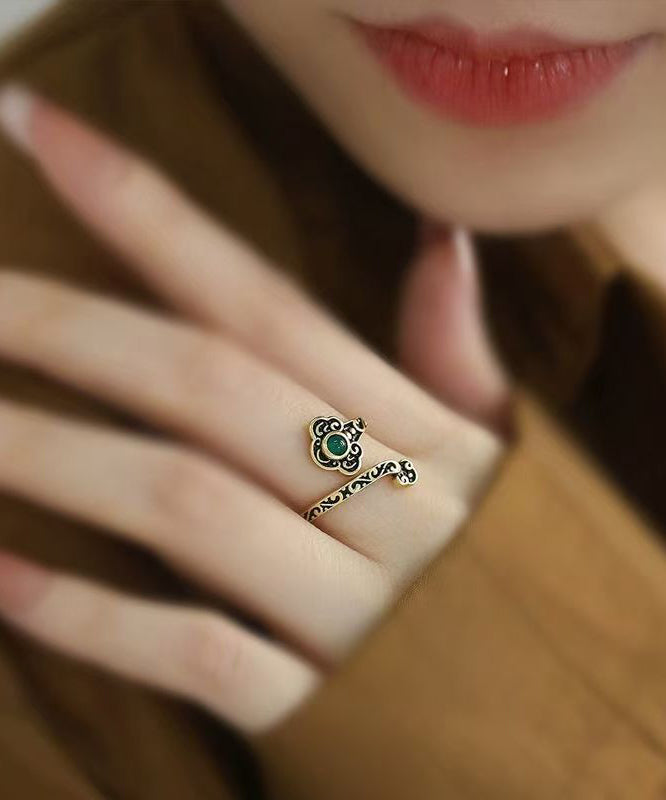 Vintage Black Sterling Silver Jade Ruyi Open Rings