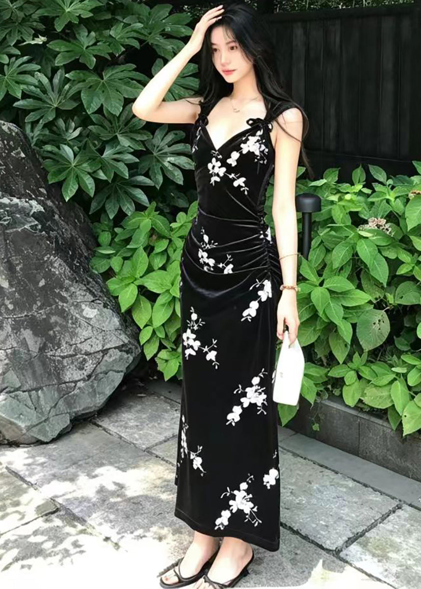 Vintage Black V Neck Back Split Velvet Maxi Dresses Fall