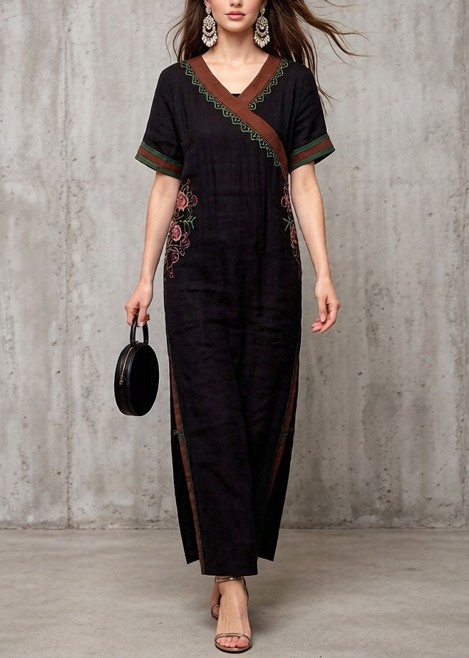 Vintage Black V Neck Embroidered Cotton Dress Summer