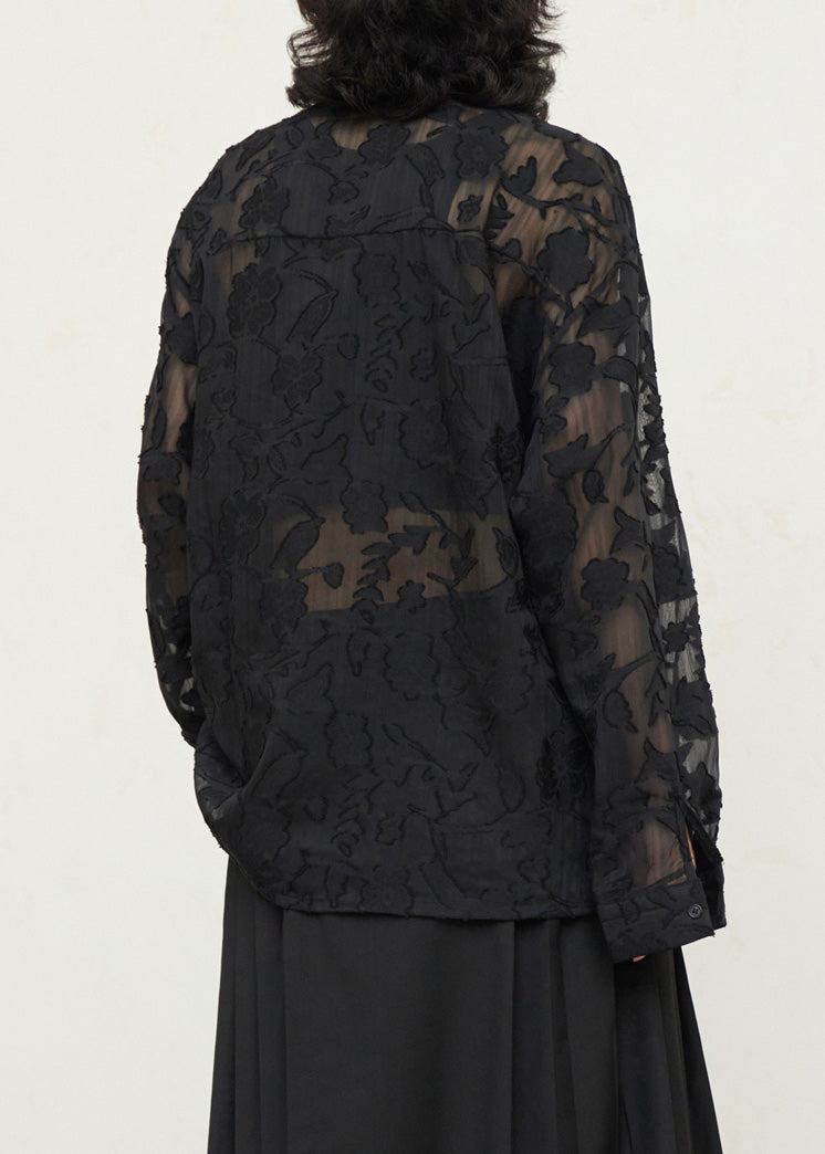 Vintage Black V Neck Floral Tie Waist Lace Top Fall