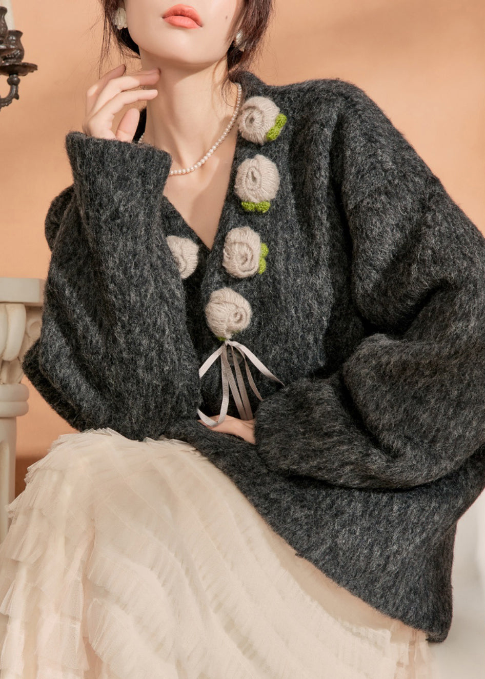Vintage Black V Neck Pockets Floral Woolen Coat Winter - Omychic
