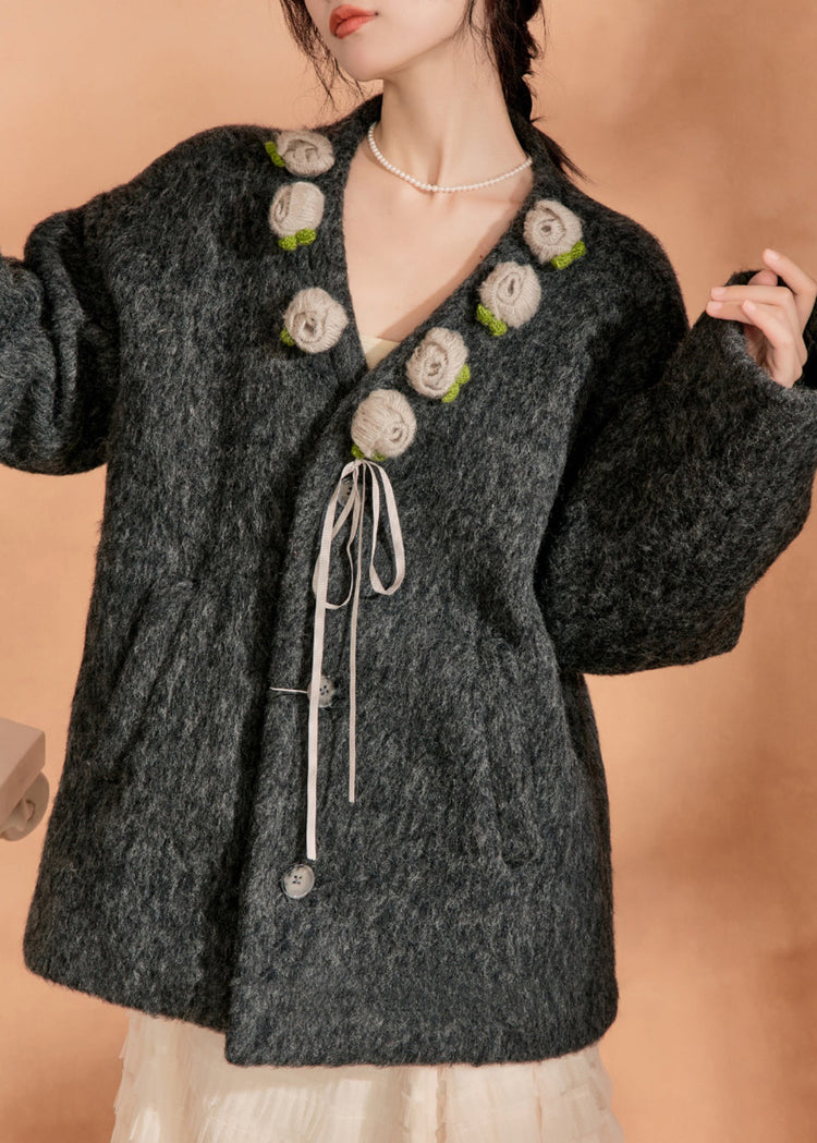 Vintage Black V Neck Pockets Floral Woolen Coat Winter - Omychic