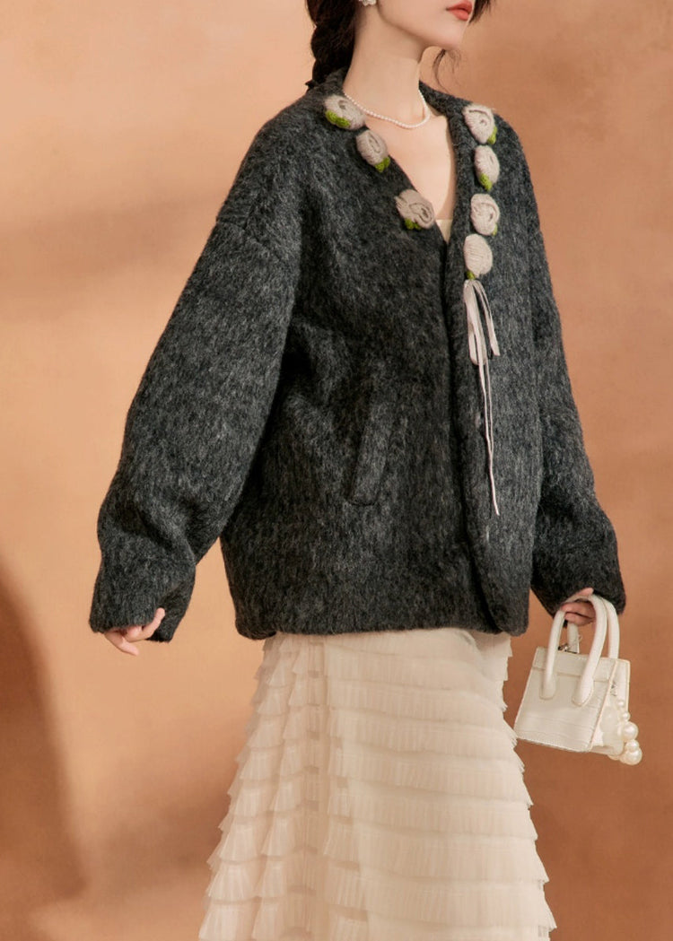 Vintage Black V Neck Pockets Floral Woolen Coat Winter - Omychic