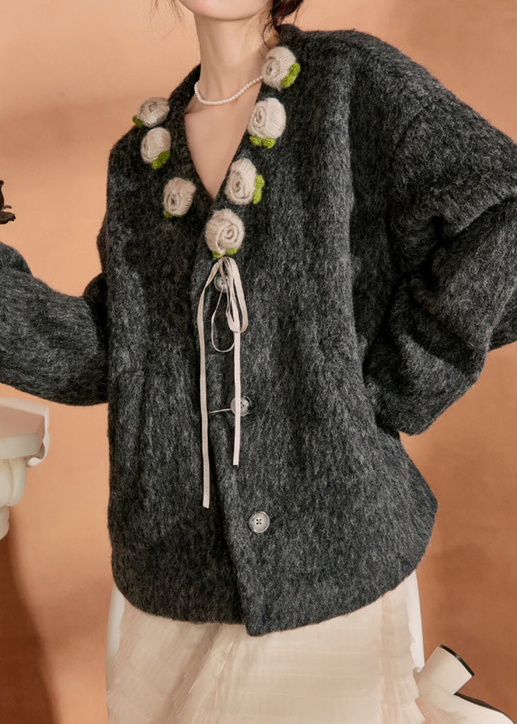 Vintage Black V Neck Pockets Floral Woolen Coat Winter - Omychic