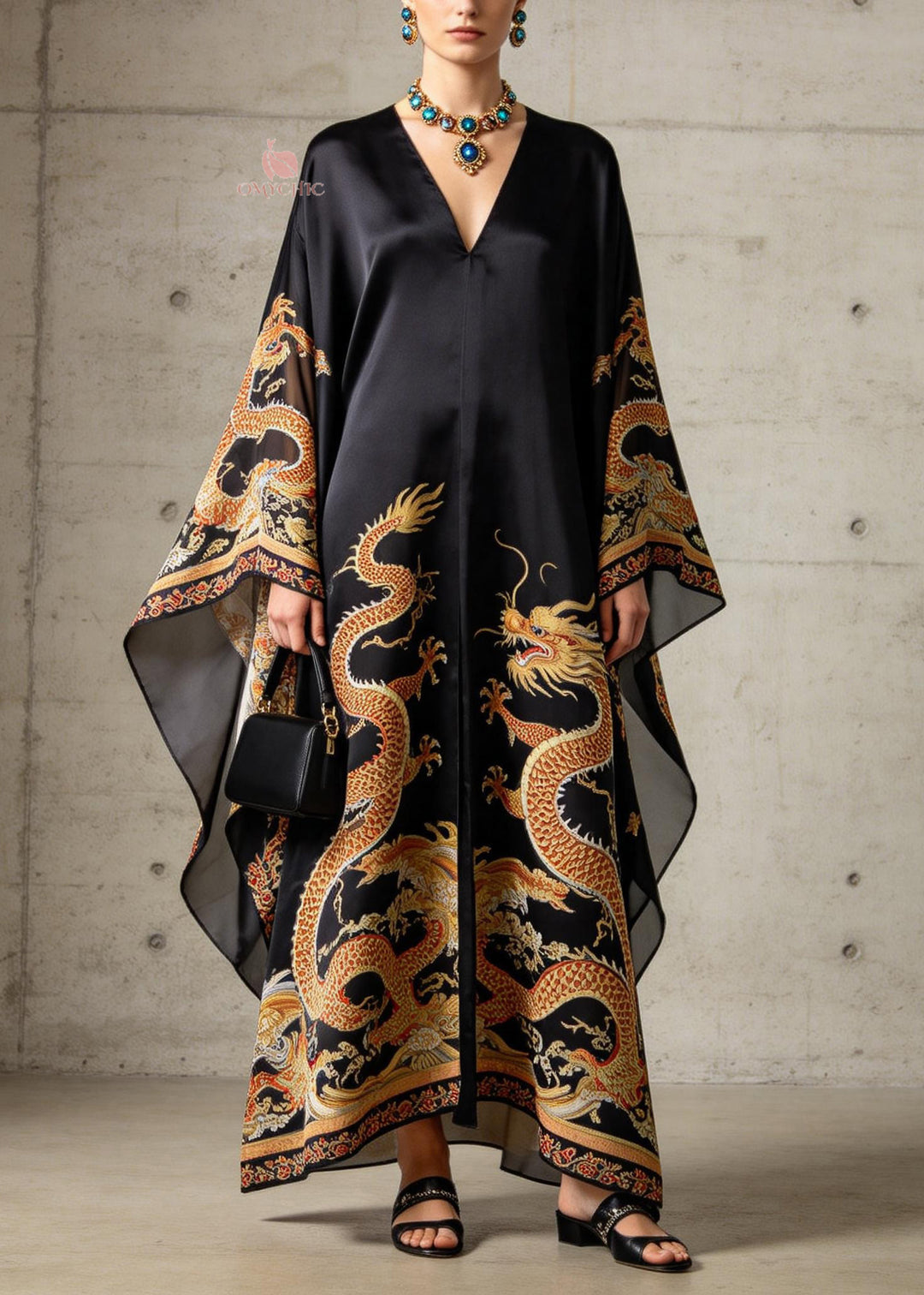 Vintage Black V Neck Print Chiffon Robe Dresses Summer