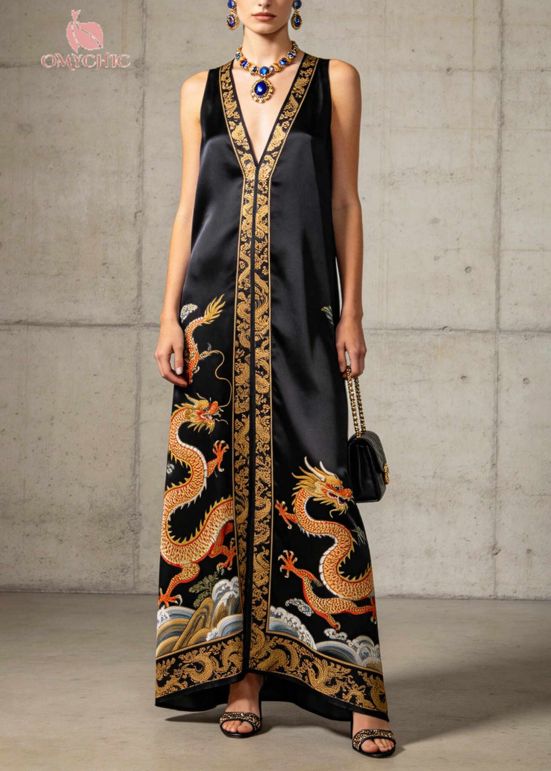 Vintage Black V Neck Print Silk Long Dresses Sleeveless