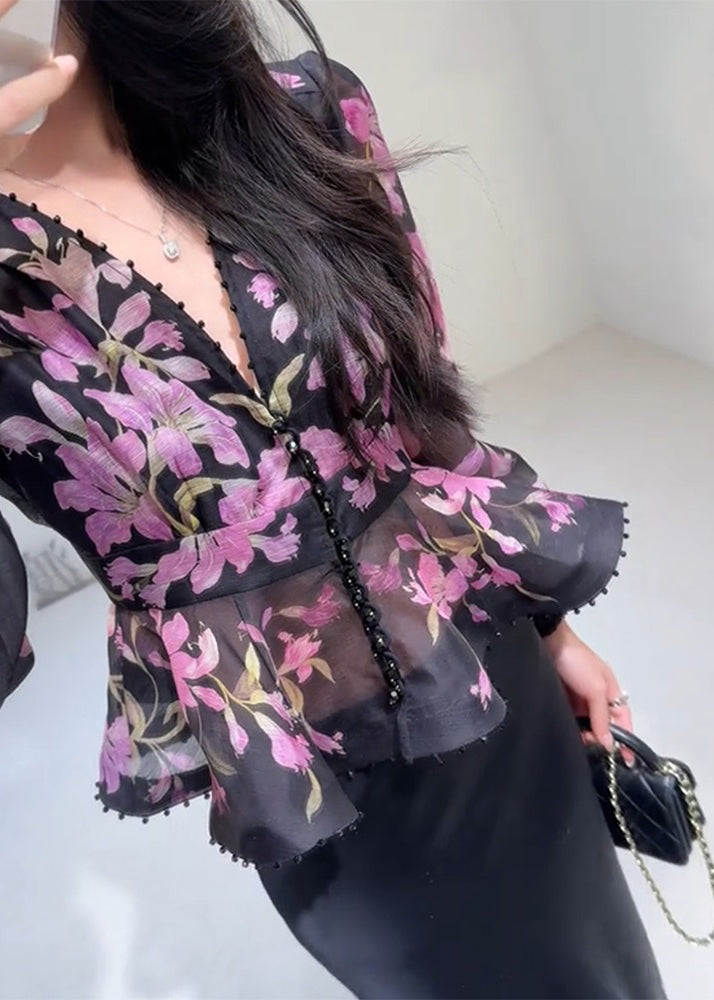 Vintage Black V Neck Print Top Lantern Sleeve