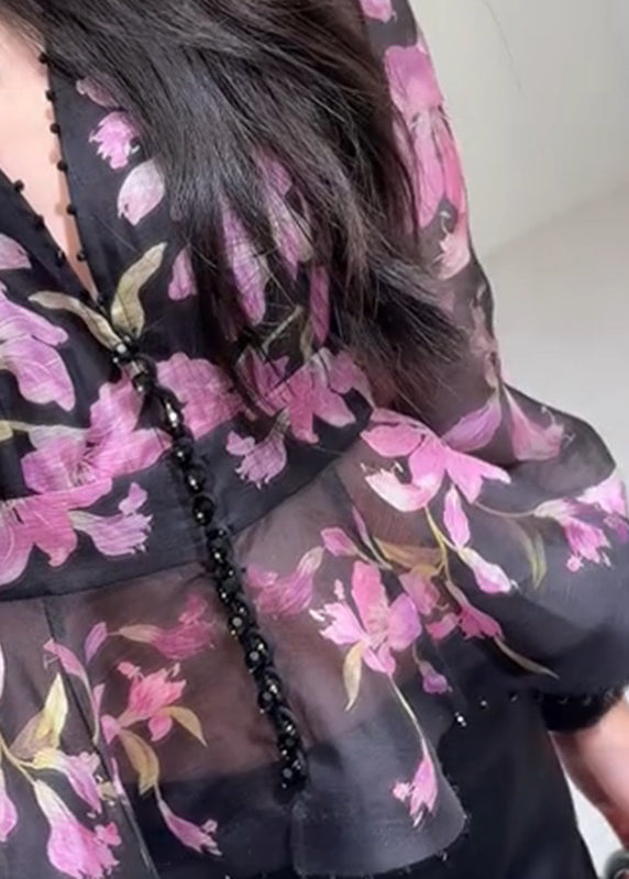 Vintage Black V Neck Print Top Lantern Sleeve