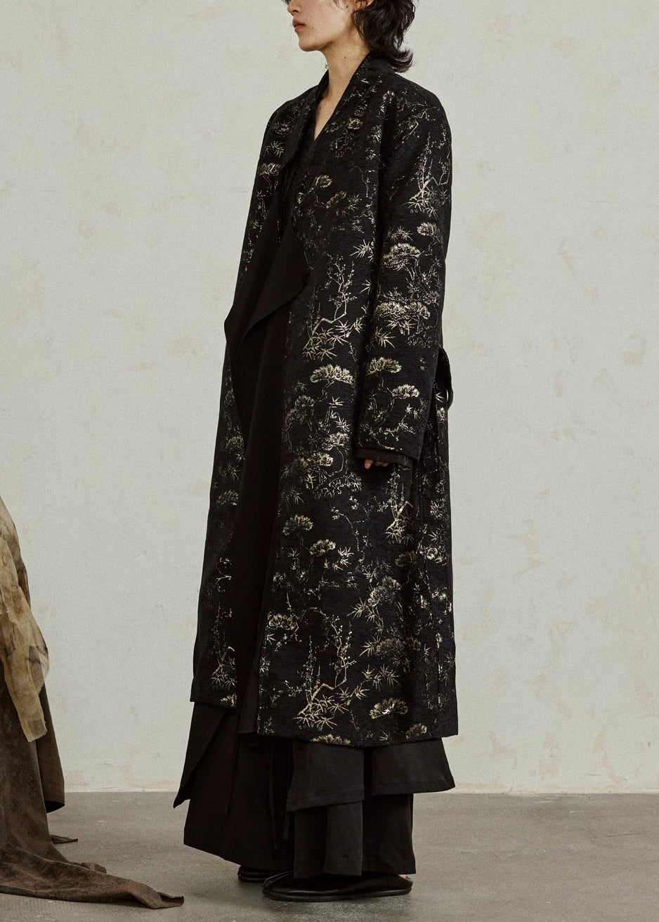 Vintage Black V Neck Tie Waist Jacquard Maxi Coats Fall
