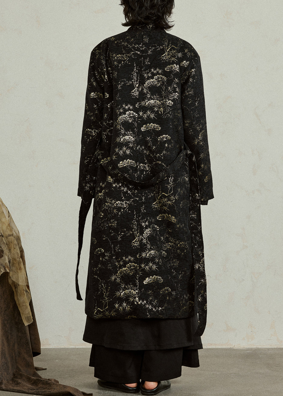 Vintage Black V Neck Tie Waist Jacquard Maxi Coats Fall
