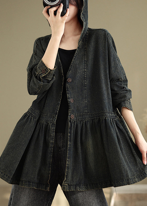 Vintage Black V Neck Wrinkled Pockets Hooded Denim Coats Fall
