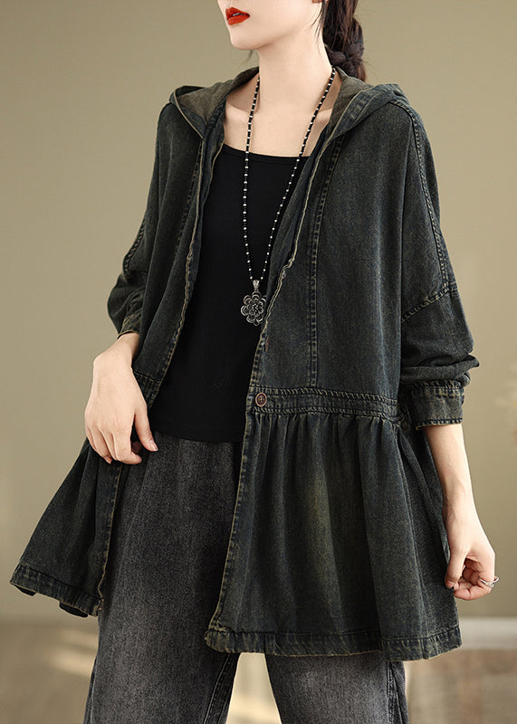 Vintage Black V Neck Wrinkled Pockets Hooded Denim Coats Fall