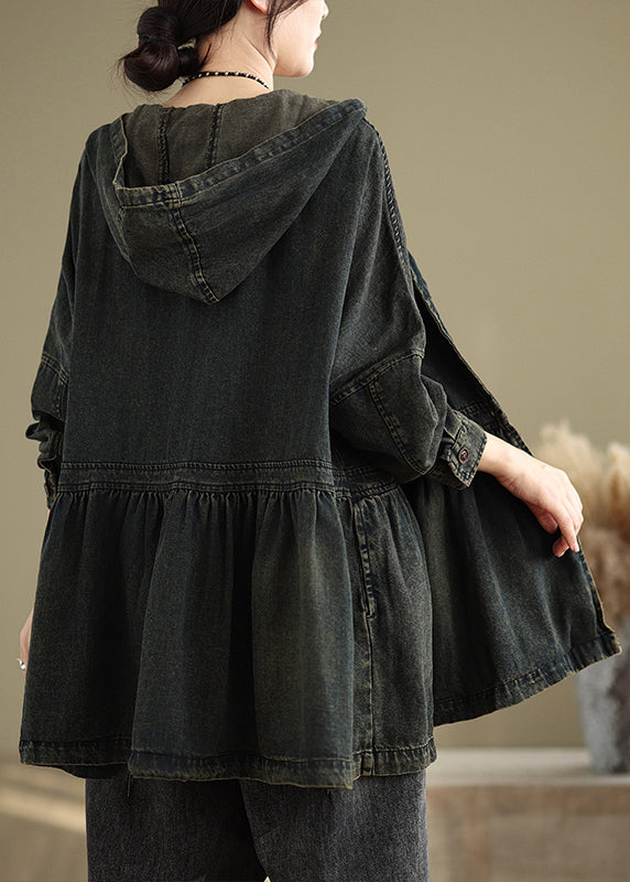 Vintage Black V Neck Wrinkled Pockets Hooded Denim Coats Fall