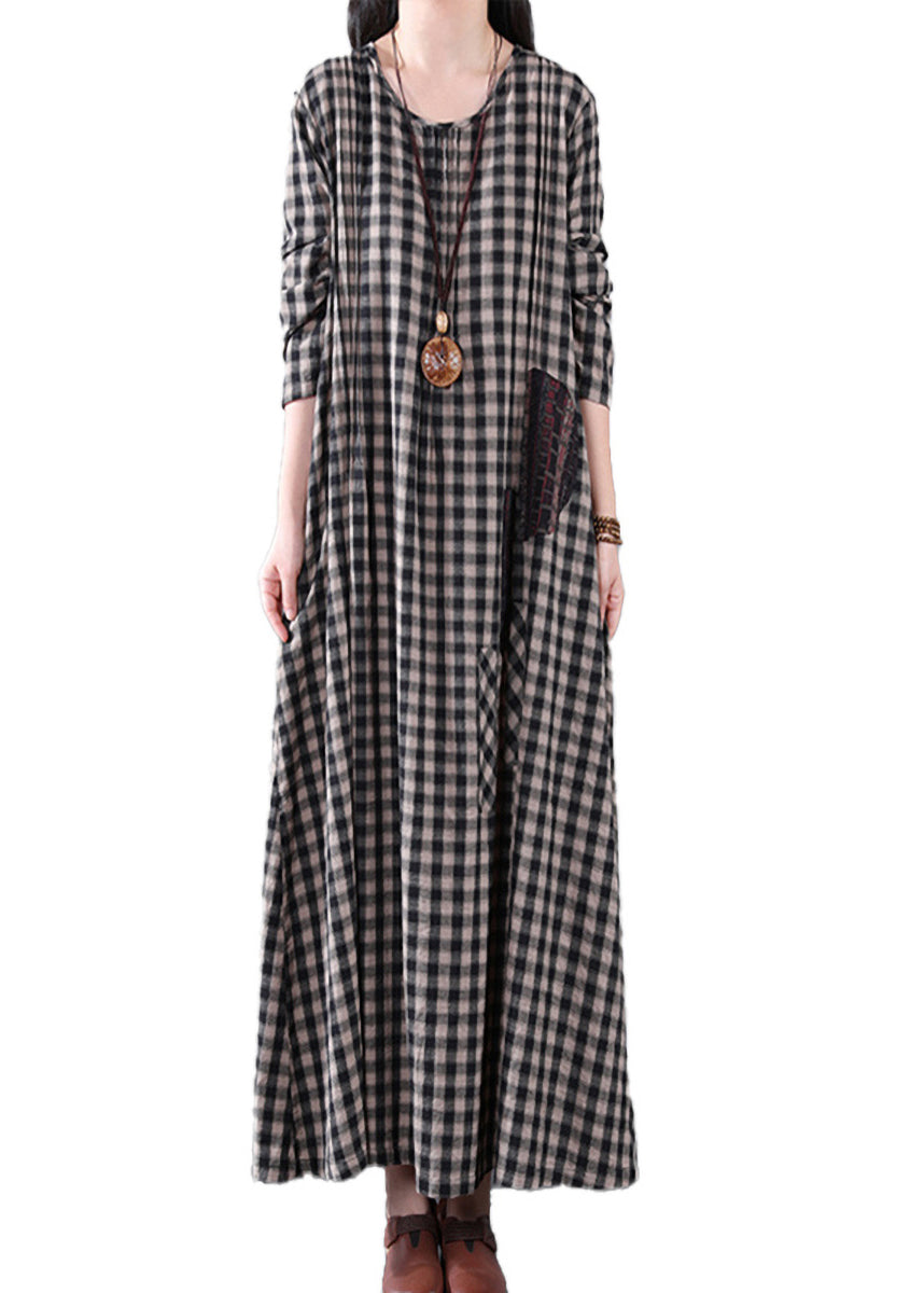 Vintage Black White Plaid A Line Long Dresses Spring