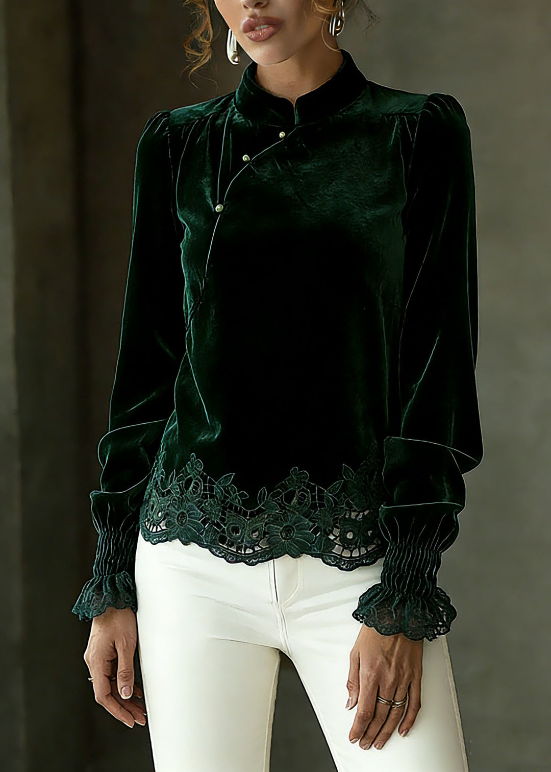 Vintage Blackish Green Hollow Out Shirts Lantern Sleeve