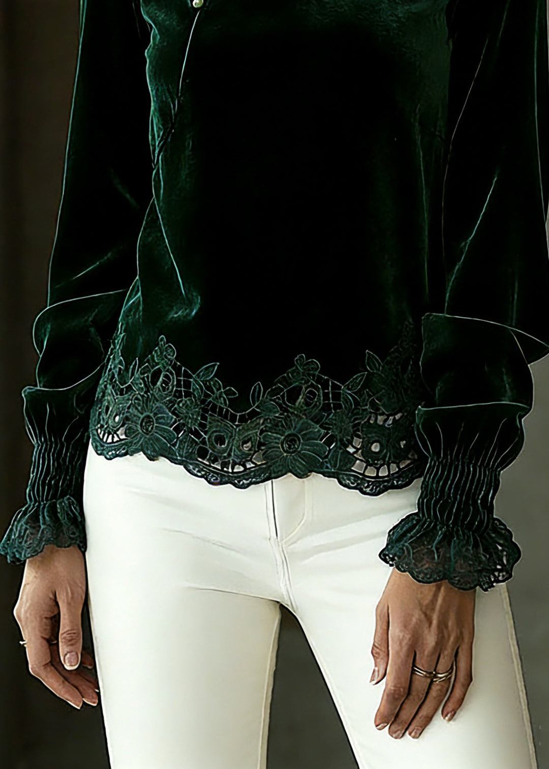 Vintage Blackish Green Hollow Out Shirts Lantern Sleeve