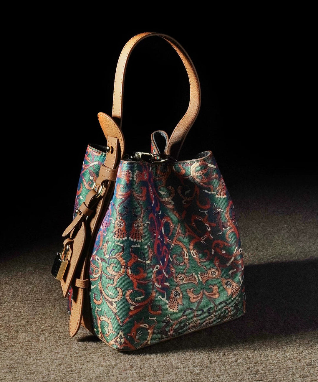 Vintage Blackish Green Jacquard Cotton Bucket Bag