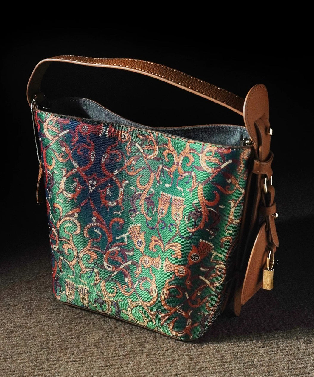 Vintage Blackish Green Jacquard Cotton Bucket Bag