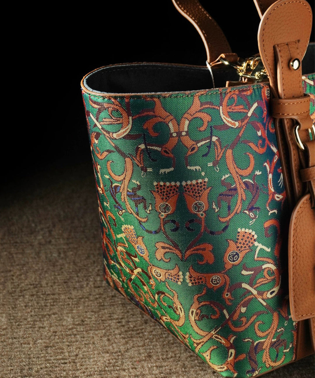 Vintage Blackish Green Jacquard Cotton Bucket Bag