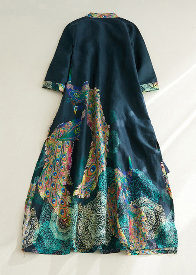 Vintage Blackish Green Stand Collar Print Side Open Long Dresses Short Sleeve