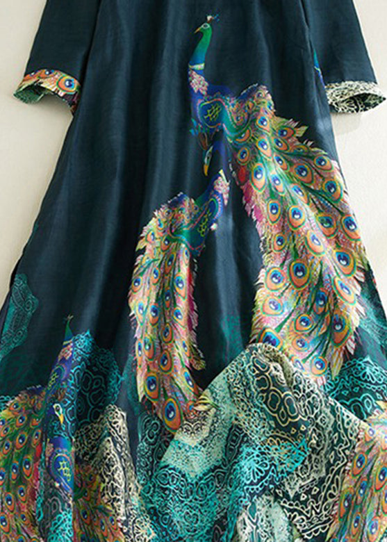 Vintage Blackish Green Stand Collar Print Side Open Long Dresses Short Sleeve