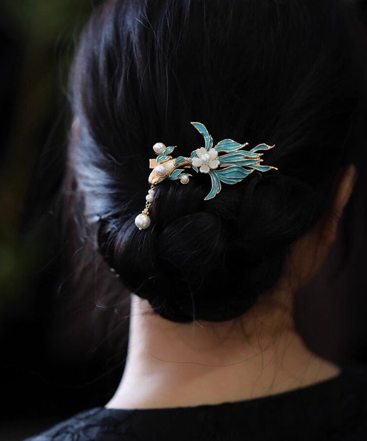 Vintage Blue Alloy Koi Fish Pearl Tassel Hairpin