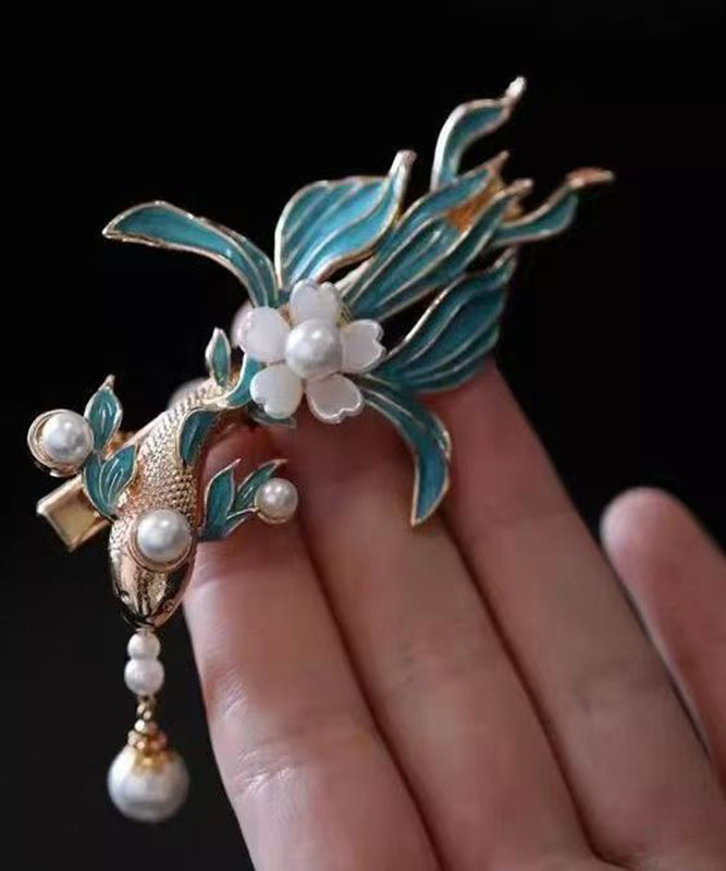Vintage Blue Alloy Koi Fish Pearl Tassel Hairpin