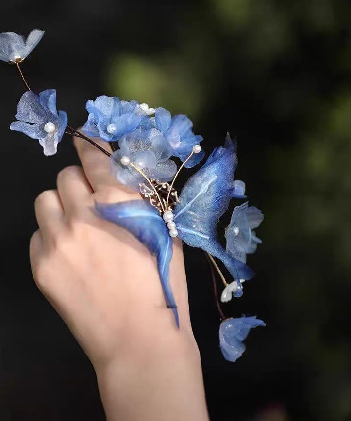 Vintage Blue Alloy Pearl Butterfly Floral Tassel Hairpin
