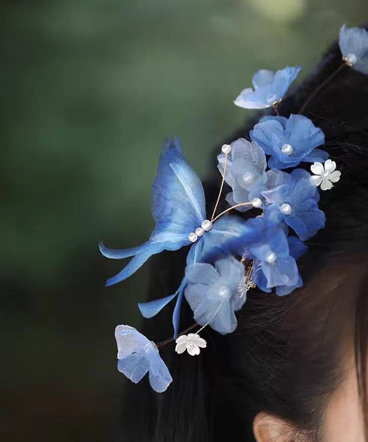 Vintage Blue Alloy Pearl Butterfly Floral Tassel Hairpin