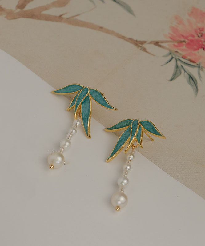 Vintage Blue Alloy Pearl Drip Glaze Bamboo Leaf Tassel Drop Earrings