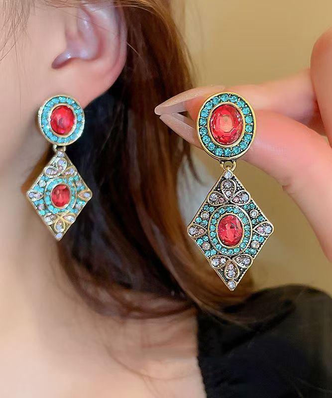 Vintage Blue Alloy Zircon Crystal Diamond Shaped Drop Earrings