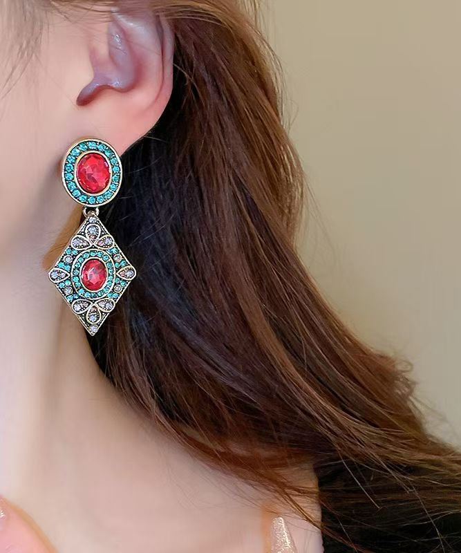 Vintage Blue Alloy Zircon Crystal Diamond Shaped Drop Earrings