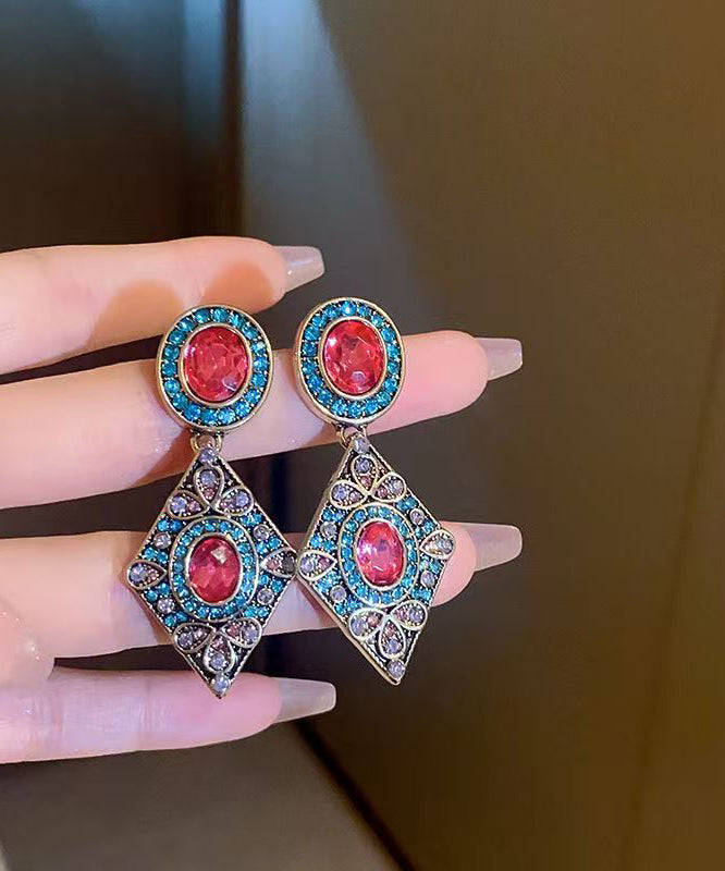 Vintage Blue Alloy Zircon Crystal Diamond Shaped Drop Earrings