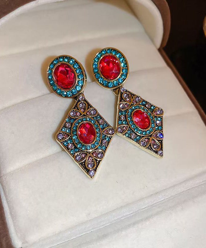 Vintage Blue Alloy Zircon Crystal Diamond Shaped Drop Earrings