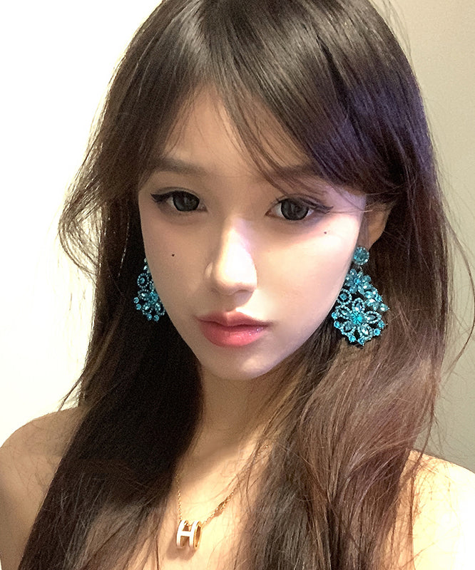 Vintage Blue Alloy Zircon Floral Drop Earrings