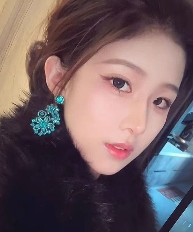 Vintage Blue Alloy Zircon Floral Drop Earrings