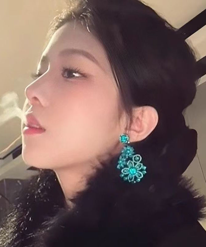 Vintage Blue Alloy Zircon Floral Drop Earrings