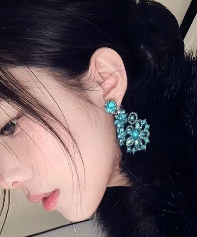 Vintage Blue Alloy Zircon Floral Drop Earrings