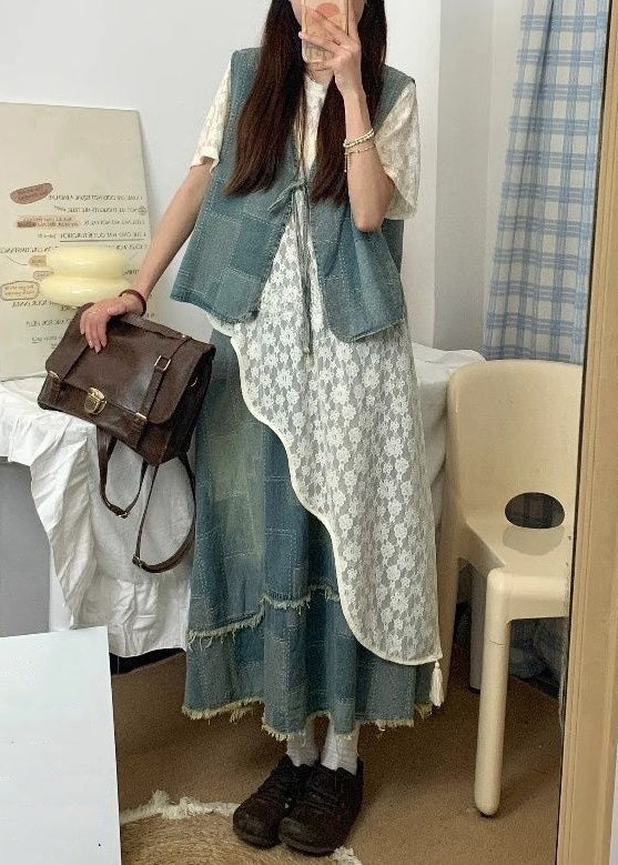 Vintage Blue Asymmetrical Lace Up Denim Three Piece Set Summer