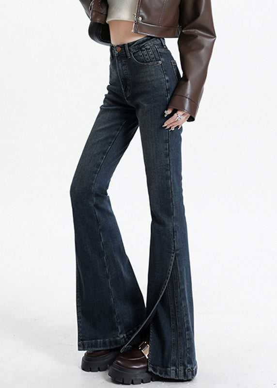 Vintage Blue Asymmetrical Pockets Patchwork High Waist Denim Flared Trousers Spring