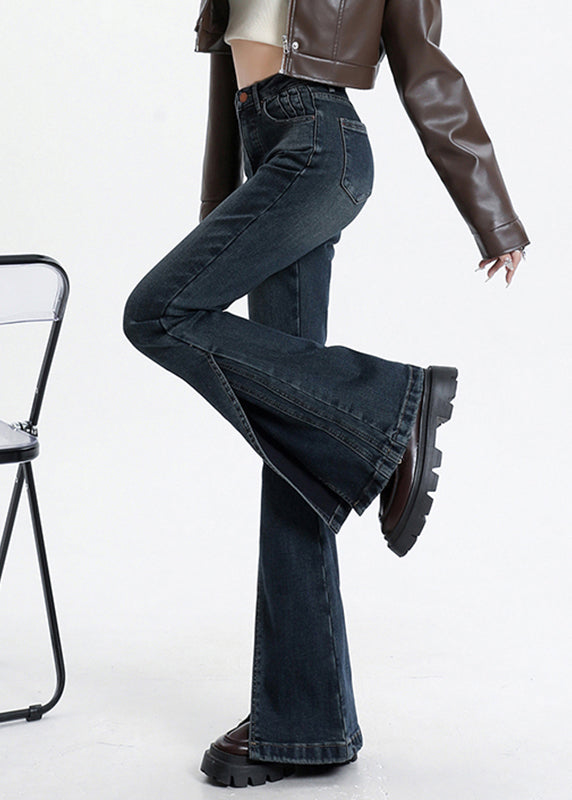 Vintage Blue Asymmetrical Pockets Patchwork High Waist Denim Flared Trousers Spring