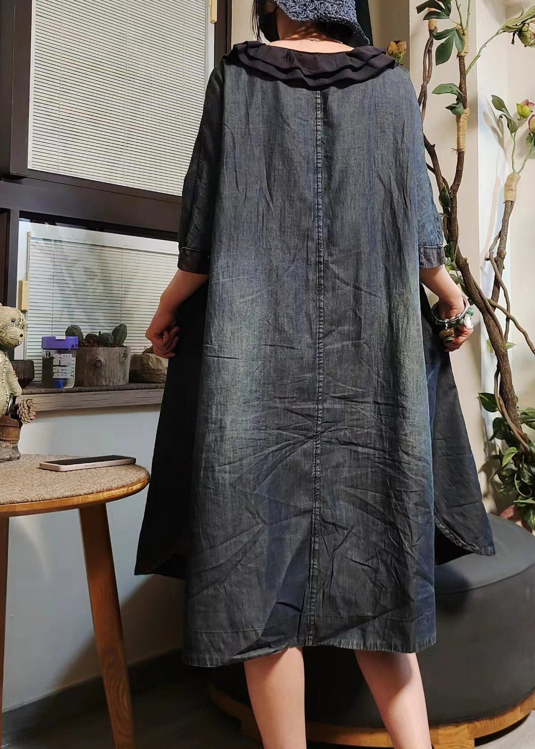 Vintage Blue Button Pockets Denim Shirts Dress Half Sleeve