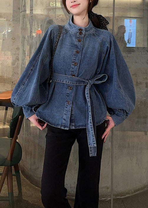 Vintage Blue Button Tie Waist Denim Shirt Lantern Sleeve