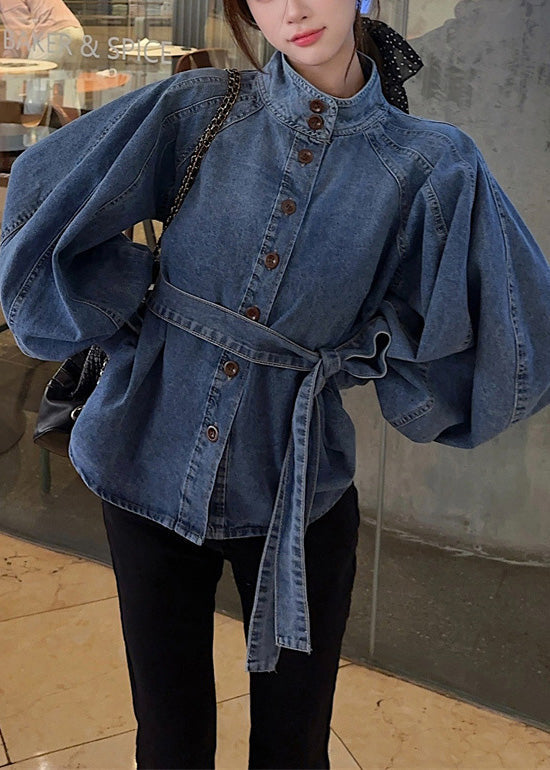 Vintage Blue Button Tie Waist Denim Shirt Lantern Sleeve