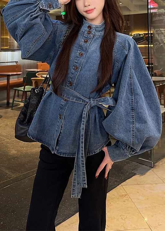 Vintage Blue Button Tie Waist Denim Shirt Lantern Sleeve