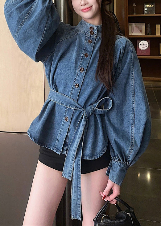Vintage Blue Button Tie Waist Denim Shirt Lantern Sleeve