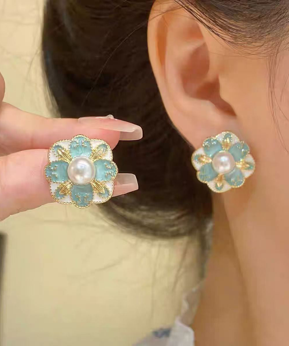 Vintage Blue Copper Pearl Floral Stud Earrings