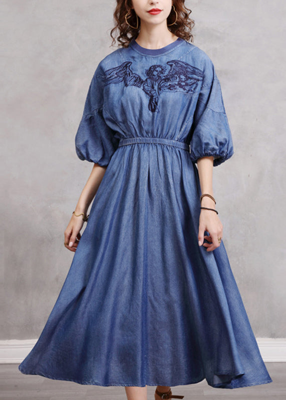 Vintage Blue Embroidered Elastic Waist Long Denim Dress Lantern Sleeve