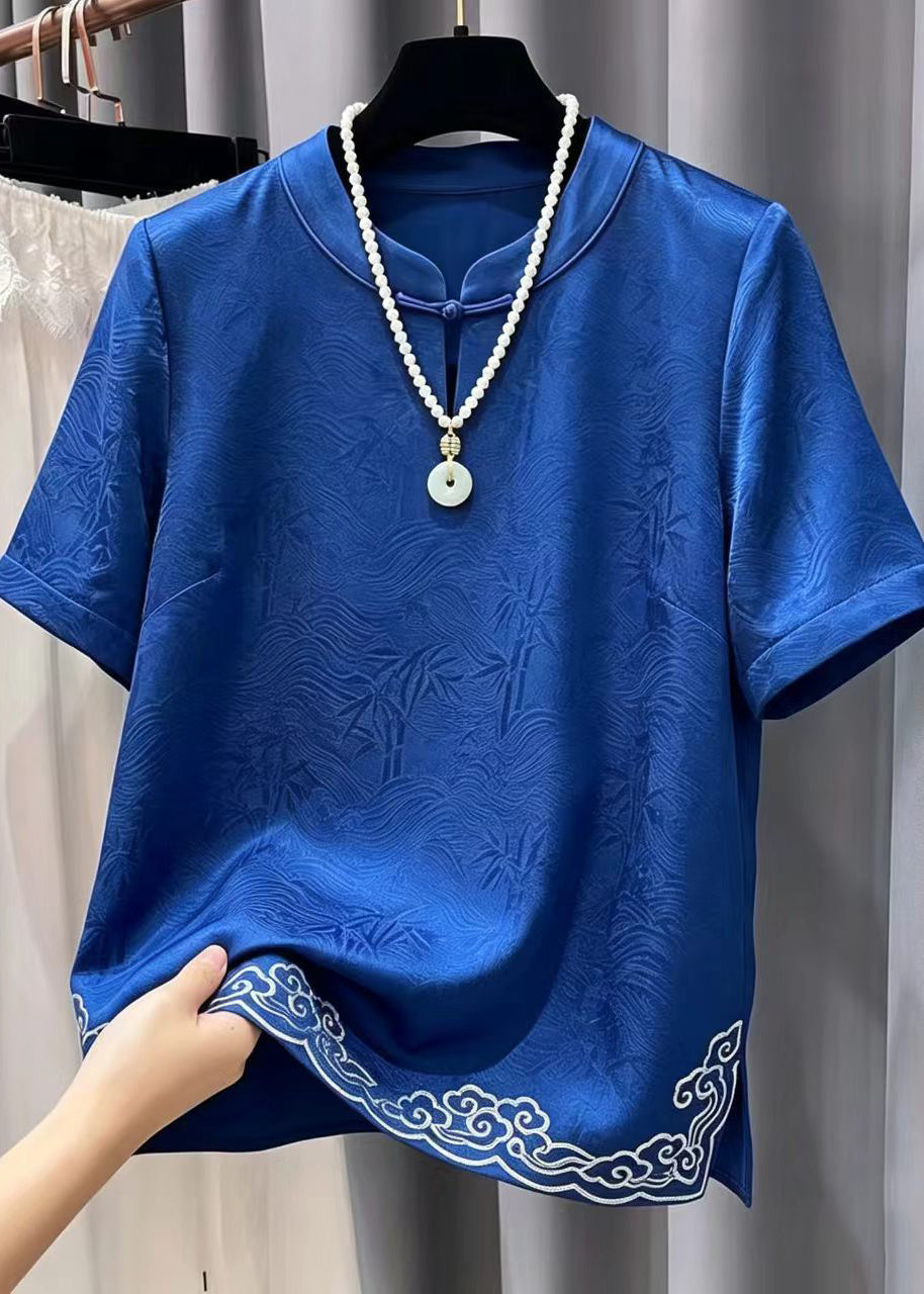 Vintage Blue Embroidered Jacquard Silk Oriental Blouses Summer